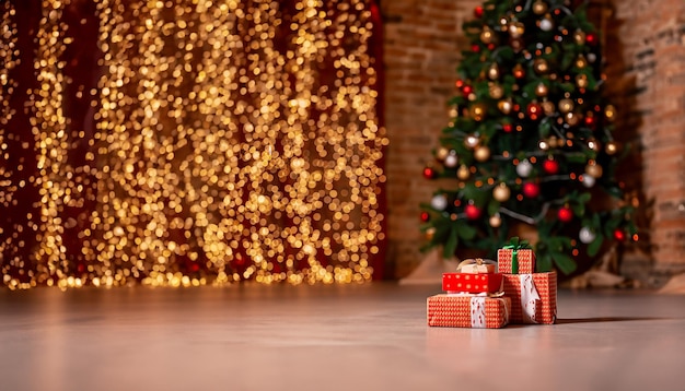 Traditional christmas pine tree with holiday decorations on background and stack of presents