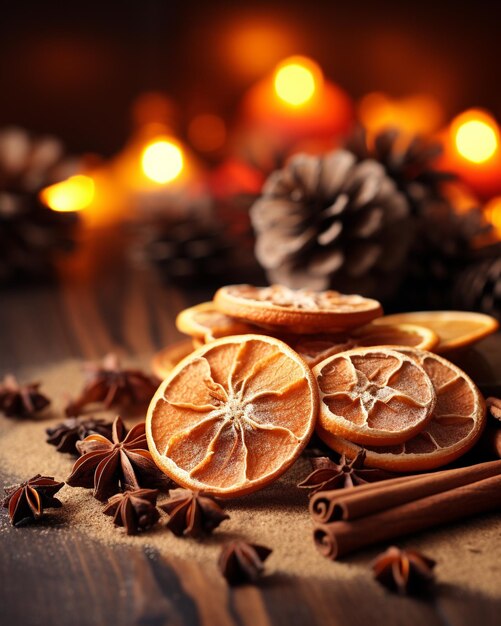 Traditional Christmas spices and dried orange slices on holiday bokeh background