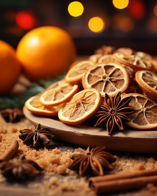 Photo traditional christmas spices and dried orange slices on holiday bokeh background