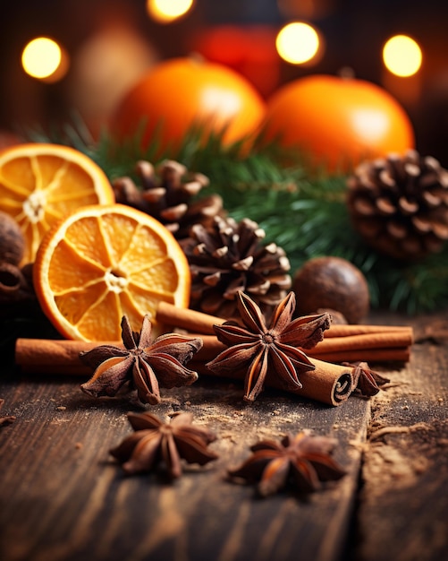 Traditional Christmas spices and dried orange slices on holiday bokeh background