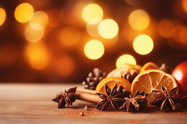 Traditional Christmas spices and dried orange slices on holiday light background Christmas spices decoration