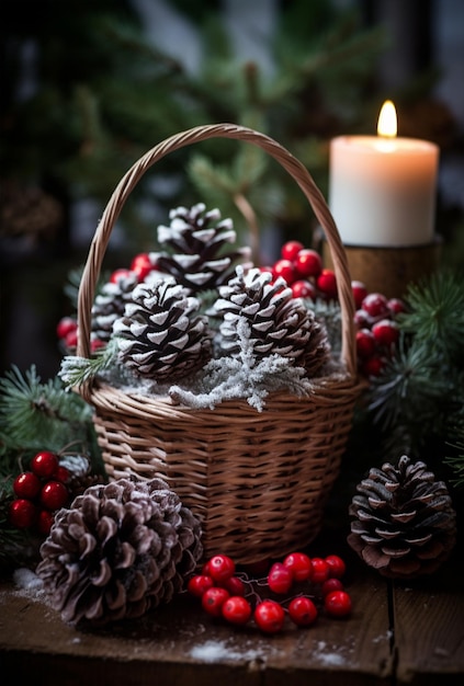 Traditional christmas still life with candles and pine wooden background