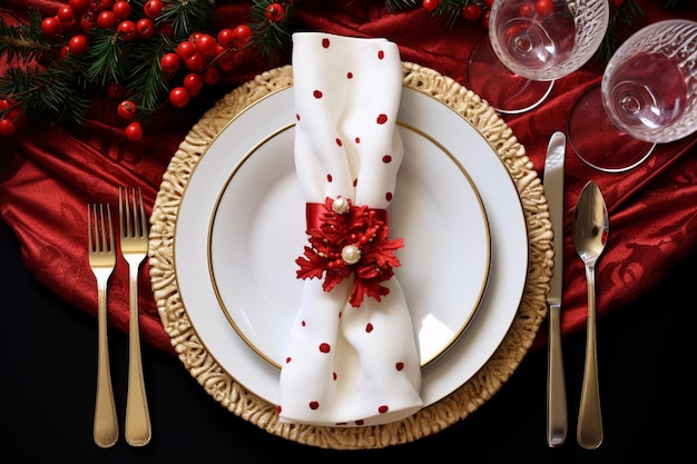 Фото Традиционное рождественское столовое место золотое столовое посуду льняную салфетку еловые ветви красные ягоды
