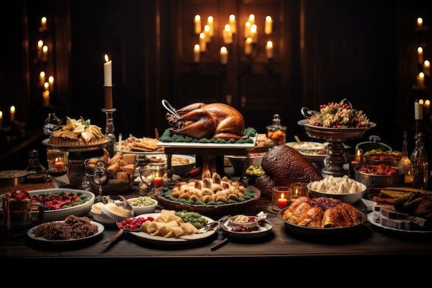 Традиционный рождественский стол с индейкой и другими блюдами на темном фоне Рождественский обеденный стол, полный блюд с едой и закусками