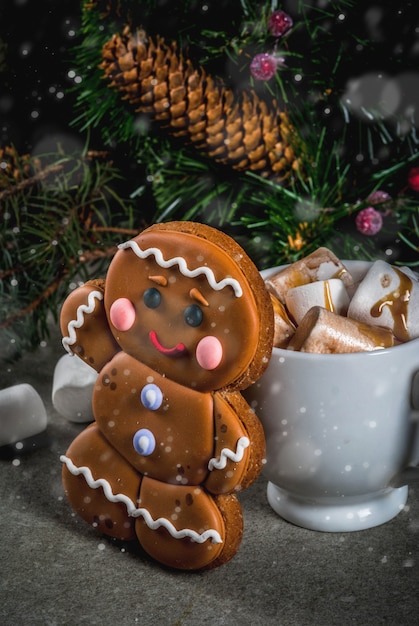 Traditional Christmas treat. Hot chocolate with marshmallow, gingerbread man cookie, fir tree branches and xmas holiday decorations  copyspace