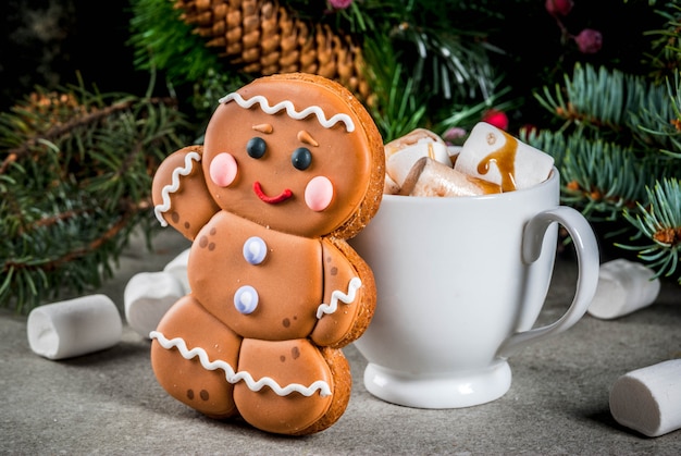 Traditional Christmas treat. Hot chocolate with marshmallow, gingerbread man cookie, fir tree branches and xmas holiday decorations  copyspace