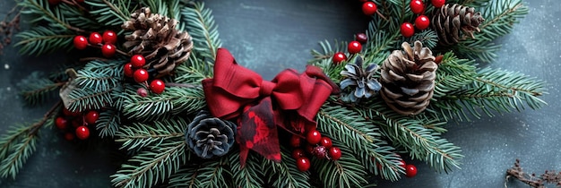 Traditional Christmas Wreath with Pine Spruce and Red Ribbon Bow