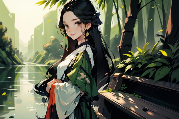 Traditional classical beauty in chinese hanfu standing by the river in forest cartoon background