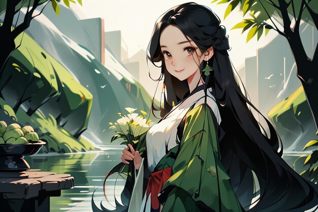 Traditional classical beauty in chinese hanfu standing by the river in forest cartoon background