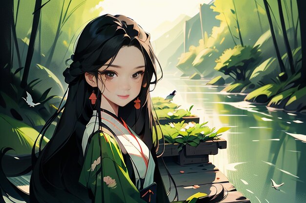 Traditional classical beauty in Chinese Hanfu standing by the river in forest cartoon background