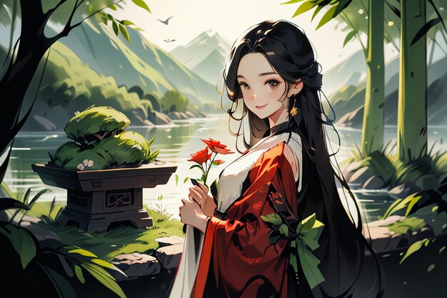 Traditional classical beauty in chinese hanfu standing by the river in forest cartoon background