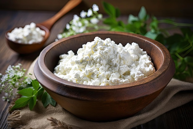 Traditional clay bowl with farmer s cottage cheese and wooden spoon on a dark wooden background Clos