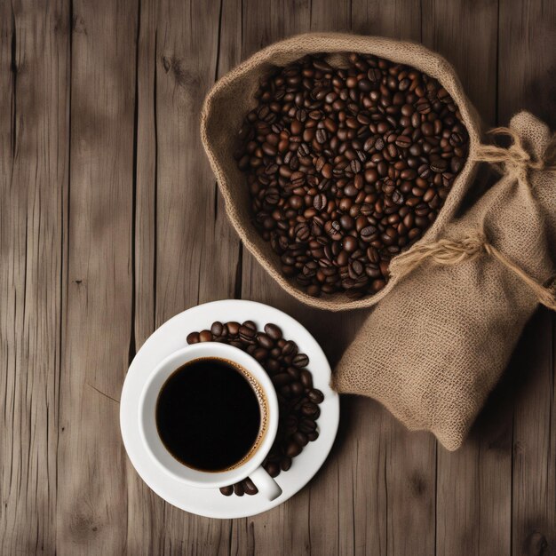 Traditional coffee cup on rustic wood with beans bag