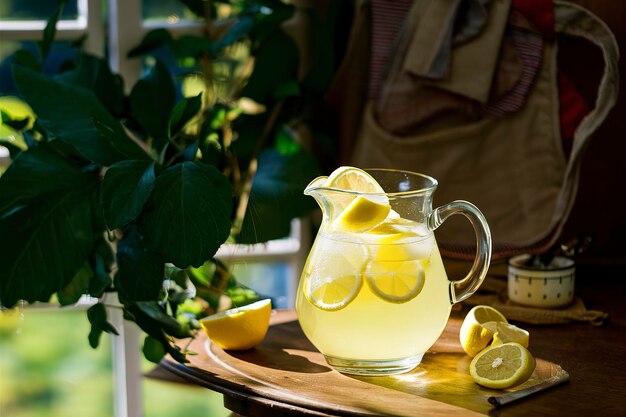 Traditional cold refreshing lemonade in a pitcher