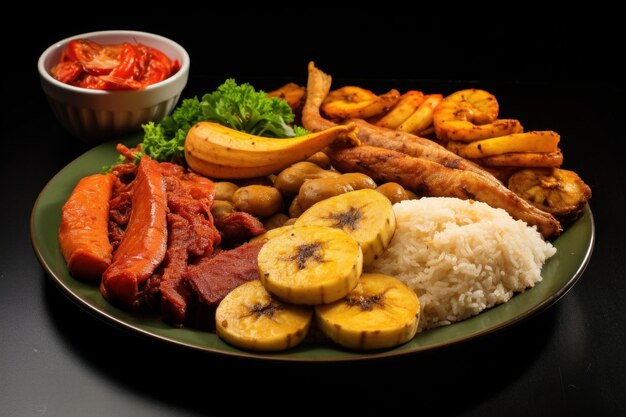 Photo traditional colombian fritanga veal chicken potato sausage banana