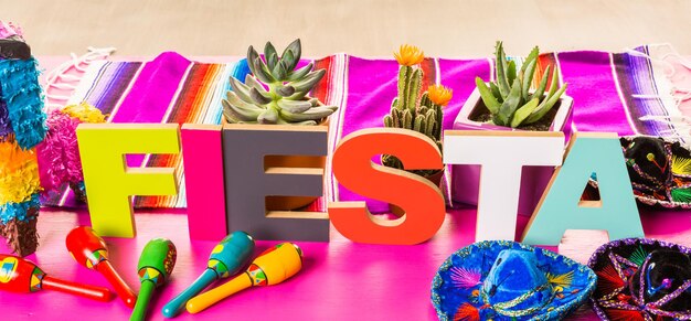 Traditional colorful table decorations for celebrating Fiesta.