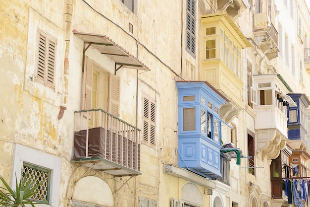 Traditional colourful balconies in the ancient city of Valletta Malta