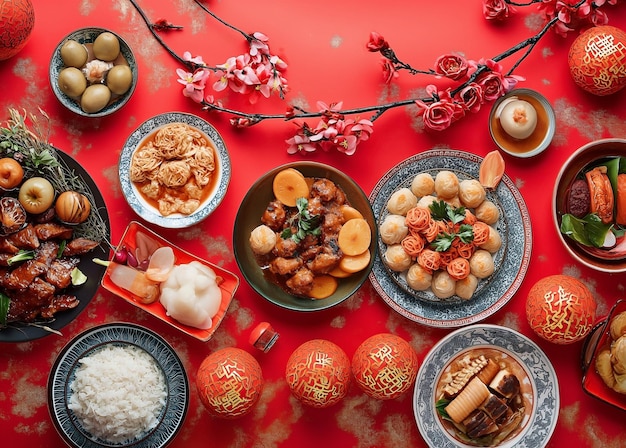 Traditional concept Chinese new year table set up and dish Lunar new years Asian festive food