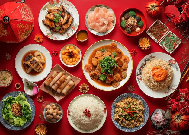 Traditional concept Chinese new year table set up and dish Lunar new years Asian festive food