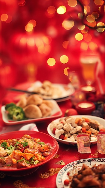 Foto concetto tradizionale tavola di capodanno cinese e piatto capodanno lunare cibo festivo asiatico