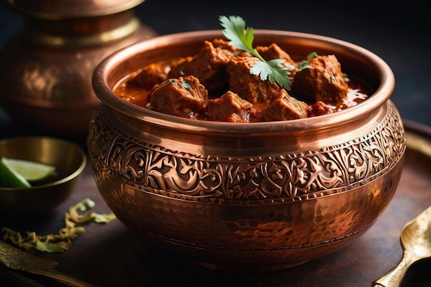 Photo traditional copper vessel with rogan josh