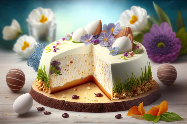 Traditional cottage cheese Easter paskha and eggs on white table Russian paskha Easter dessert Easter table Still life Cottage cheese dessert Generative AI