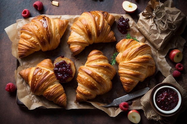 Traditional croissants with jam chocolate and apple sweet pastries top view rustic style