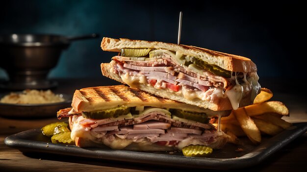 Traditional Cuban sandwich on a wooden stand Ai Generative