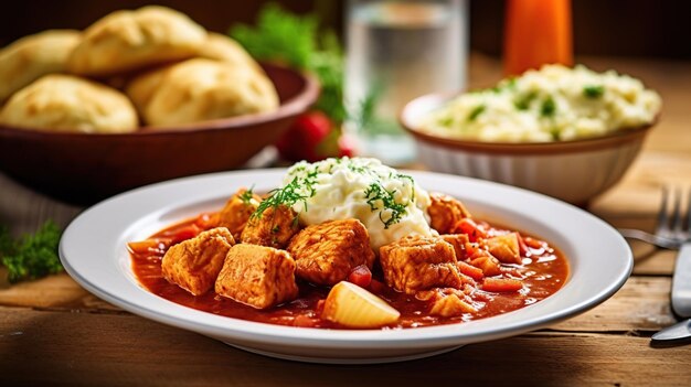 Traditional Czech Goulash meal with dumplings on white plate on wood table Space for text Generative Ai