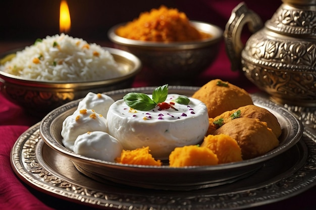 Traditional dahi bhalla platter setting