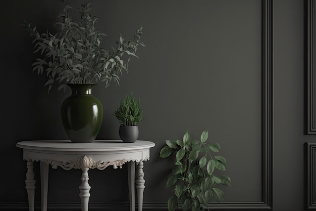 Traditional dark room with white table and flower pot on top text