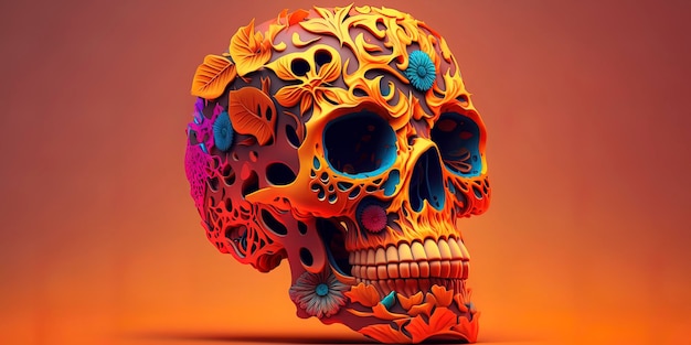 Traditional day of the dead colorful altar with orange vivid color background dia de muertos skull