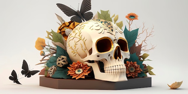 Traditional day of the dead colorful altar with white vivid color background dia de muertos skull