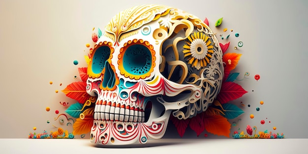 Traditional day of the dead colorful altar with white vivid color background dia de muertos skull