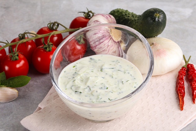 Traditional delicious appetizer greek tzatziki Turkish name cacik yoghurt with cucumber