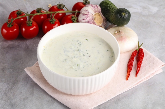 Traditional delicious appetizer greek tzatziki Turkish name cacik yoghurt with cucumber