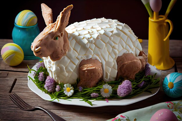 Traditional delicious easter dessert in form of lamb cake with cream created with generative ai