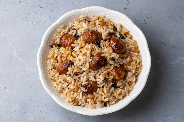 Traditional delicious Turkish food; chestnut rice pilaf (Turkish name; kestaneli pilav)