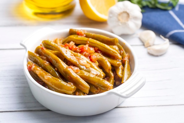 Traditional delicious Turkish food; Green beans with olive oil; Turkish name; Zeytinyagli taze fasulye