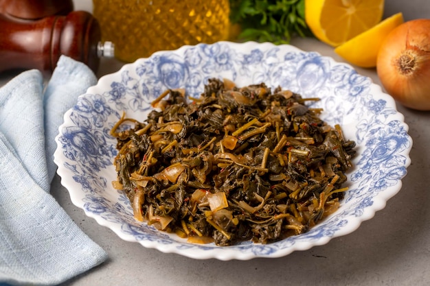 Traditional delicious Turkish food; hibiscus - malva dish (Turkish name; Ebe gumeci - ebegumeci yemegi, kavurma)