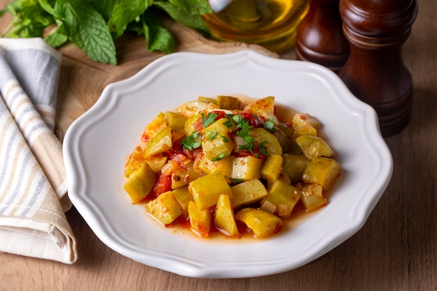 Traditional delicious Turkish food; Roasted Zucchini with Olive Oil. Turkish name; kabak cintmesi.