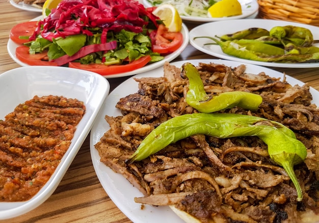 Traditional delicious Turkish foods; Doner kebab, grilled meat