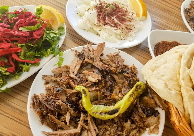 Traditional delicious Turkish foods; Doner kebab, grilled meat