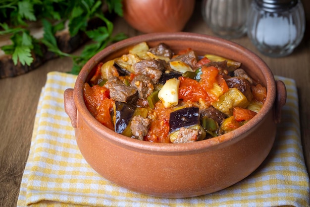 Traditional delicious Turkish foods; Quince and plum lamb stew, lamb tandoori (Turkish name; Ayvali - erikli kuzu guvec - kuzu tandir