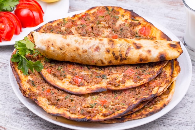 Traditional delicious Turkish foods; Turkish pizza; Lahmacun. Turkish kitchen.