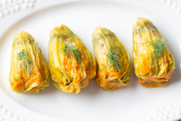 Traditional delicious Turkish - Greek cuisine, Turkish food; Stuffed zucchini flowers (Turkish name; kabak cicegi dolmasi)