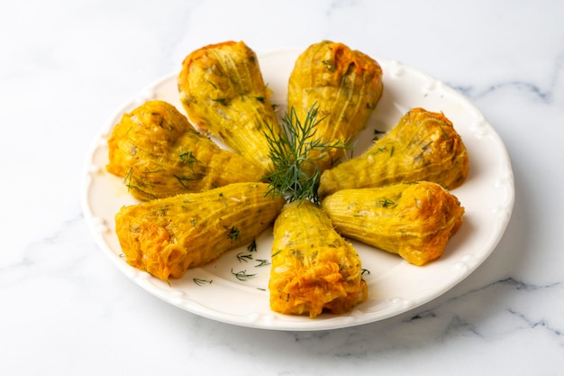 Traditional delicious turkish - greek cuisine, turkish food; stuffed zucchini flowers (turkish name; kabak cicegi dolmasi)