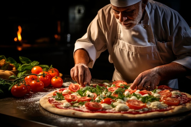 장작 오븐에서 소박한 나폴리 피자를 만드는 작업 중인 전통적 기쁨 Pizzaiolo