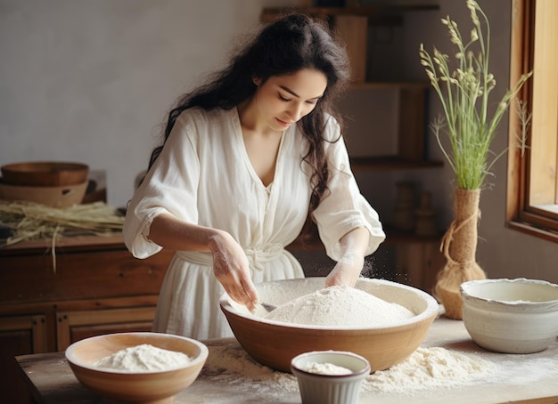 伝統 的 な デミオサール の 女性 が 田舎 の キッチン で 米粉 の ペースト を 調理 し て いる