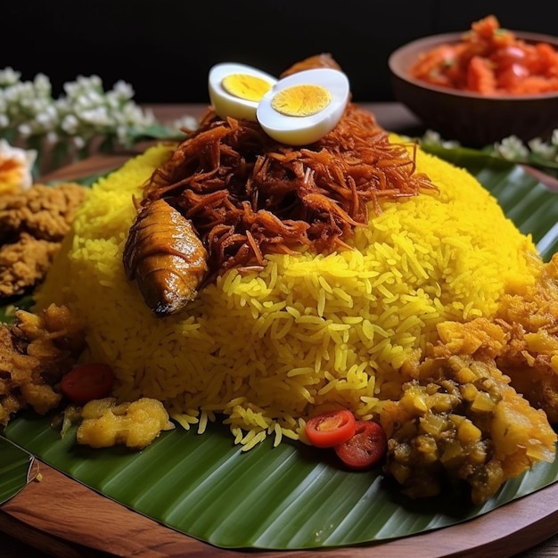 계란을 곁들인 인도네시아 Tumpeng Nasi kuning의 전통 요리